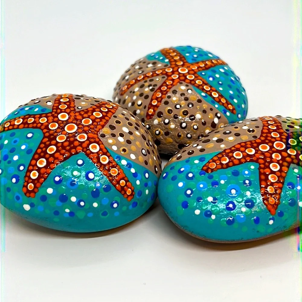 Mandala Art Stones, Trio of Starfish on the Beach